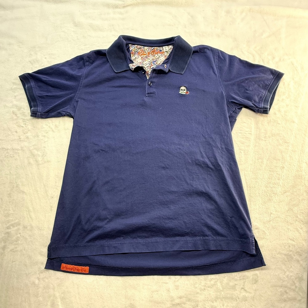 Robert Graham Polo Shirt Mens L Navy Blue Skull Rose 100% Cotton Classic Fit